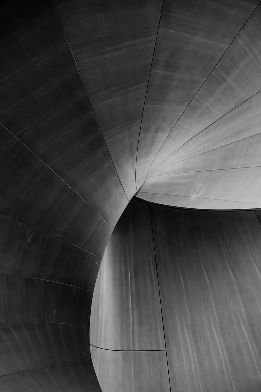 close up photo of gray metal spiral tunnel, abstract, black and white, HD wallpaper