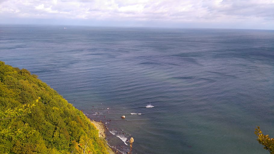 sea, clouds, water, forest, rock, trees, baltic sea, view, coast HD wallpaper