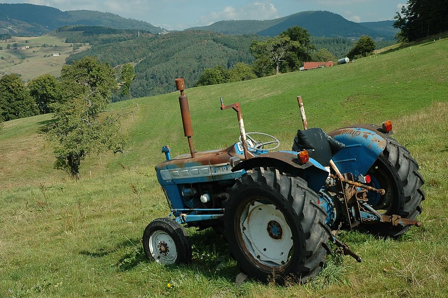 tractor, alpine pasture, meadow, slope, landscape, nature, mountain HD wallpaper