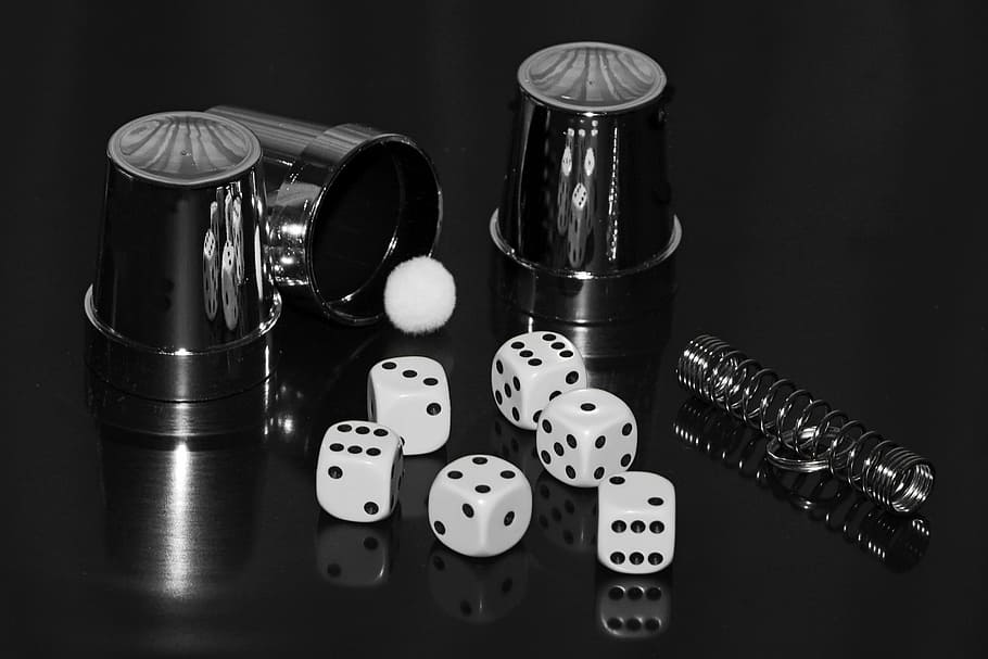 six white-and-black dice cube toys, hat trick, ball, cup, guess, HD wallpaper