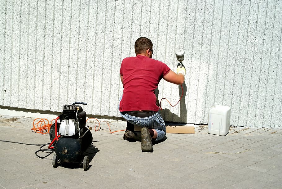 man painting on wall, gun, pictorial, painter, people, employee, HD wallpaper