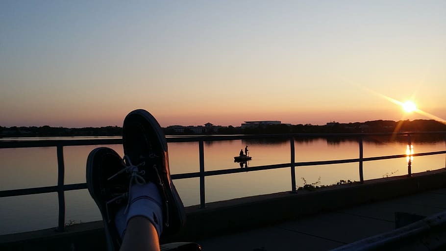 shoes, sunset, boat, sky, water, one person, reflection, nature HD wallpaper