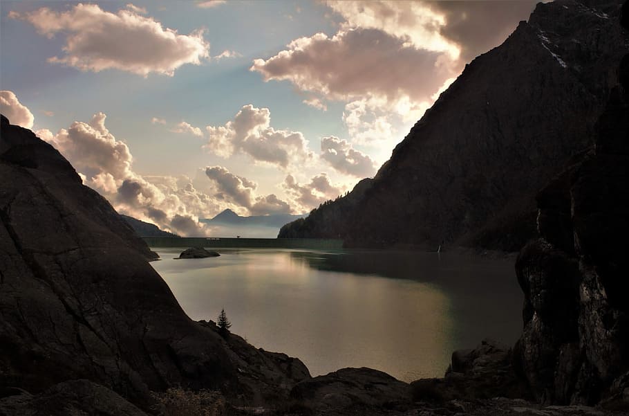 panoramic, mountain, waters, landscape, outdoors, sunset, lake HD wallpaper