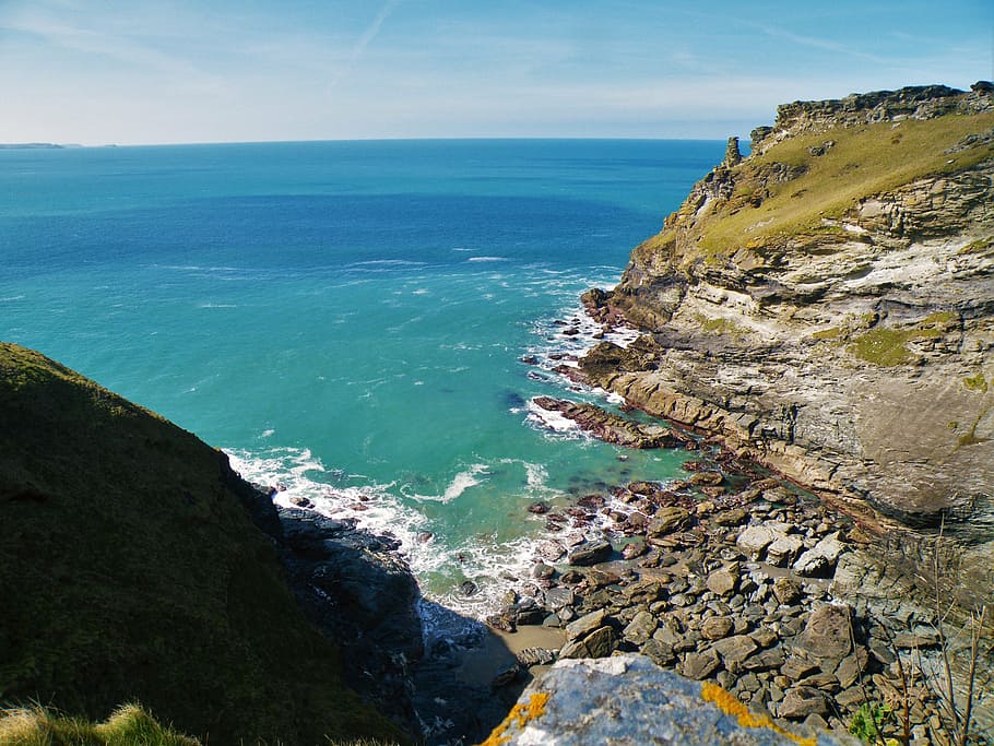 cliff, see, ocean, rock, sky, tintagel, uk, sea, water, scenics - nature, HD wallpaper