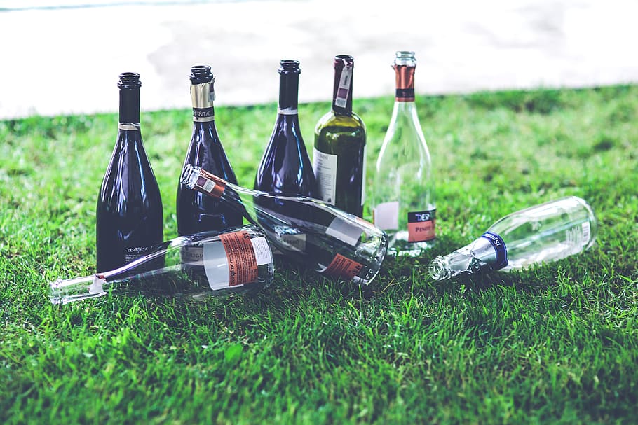 bottle lot on grass, Empty, Bottle, Wine, Glass, drinking, alcohol HD wallpaper