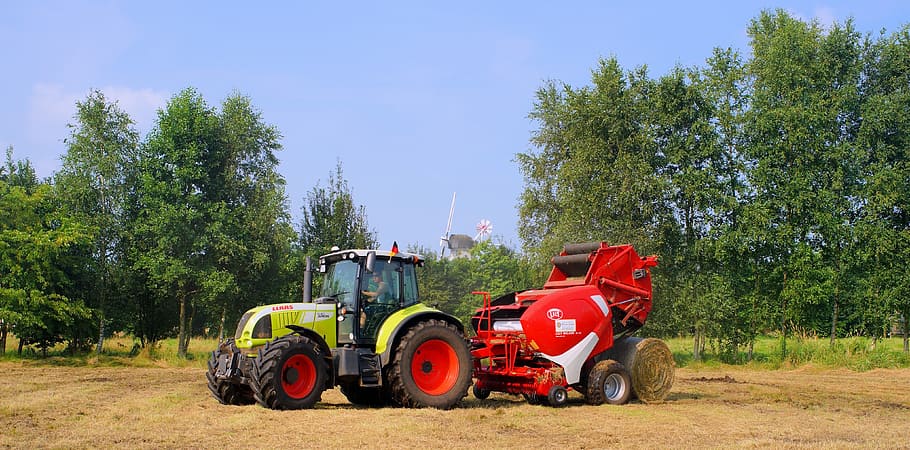 tractor, round baler, custom work, hay, retract, meadow, agriculture HD wallpaper