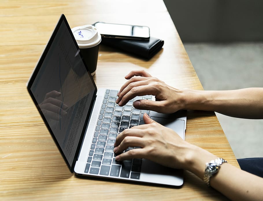person using laptop, hands, screen, coffee, iphone, keyboard HD wallpaper