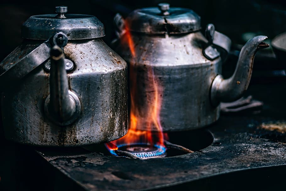 HD wallpaper: two gray kettle sharing one burner stove, teapots ...