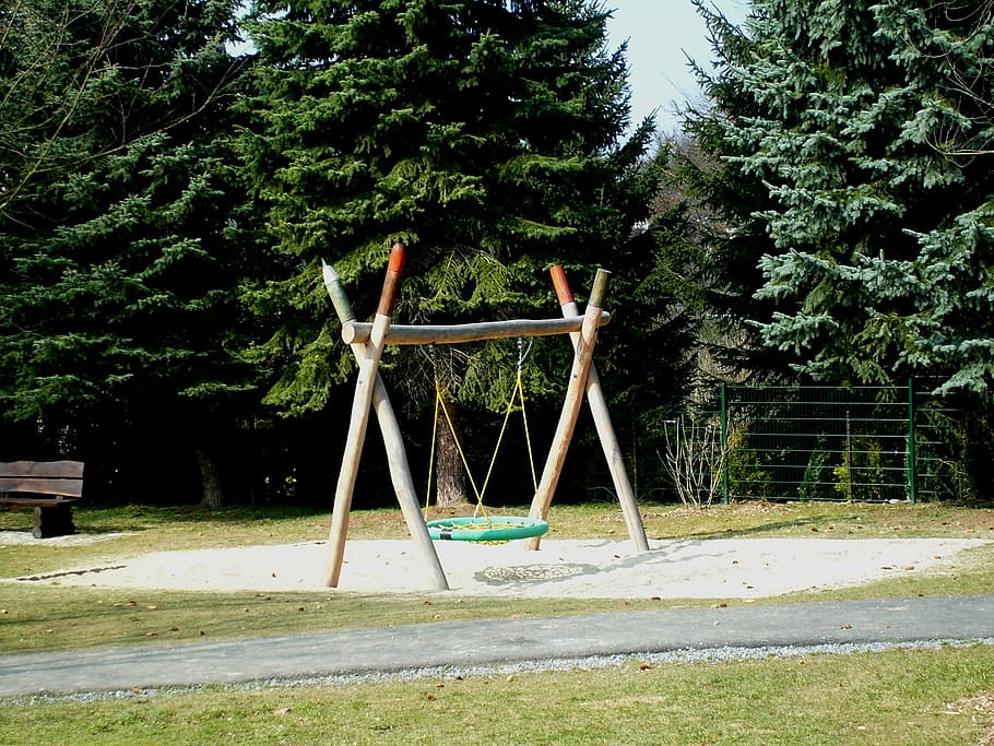 playground, swing, swing device, rock, children, tree, no people HD wallpaper