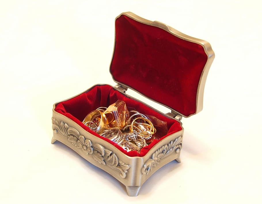 gold-colored rings in steel jewelry box, jewellery, casket, treasure chest