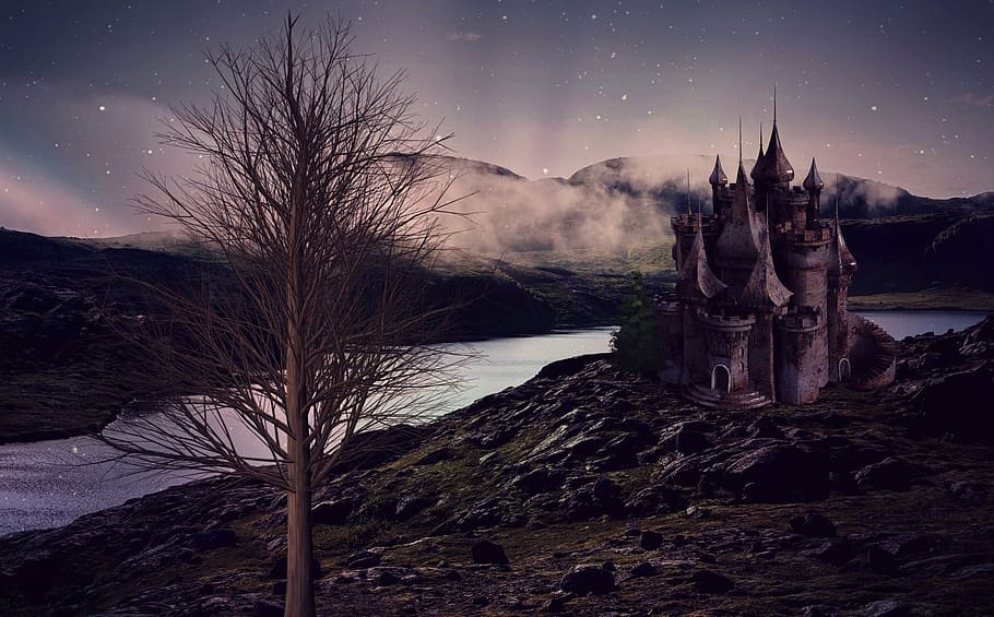 gray concrete castle painting, landscape, lake, river, fortress HD wallpaper