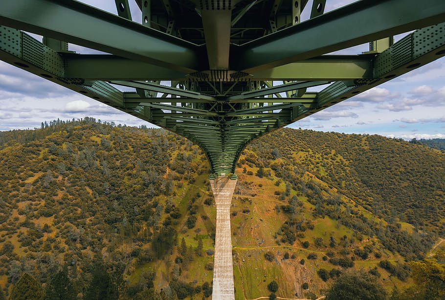 aerial photography of mountain, aerial photography of green metal bridge HD wallpaper