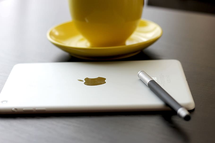 silver iPad near yellow ceramic teacup, black, pen, mii, tablet HD wallpaper