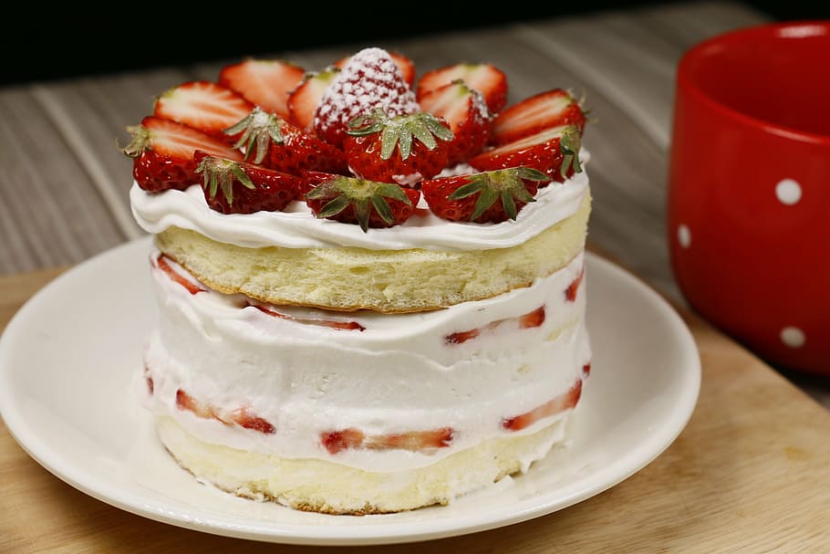 round strawberry cake beside mug, small cake, baking, delicious HD wallpaper