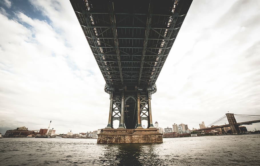 low angle photography of Manhattan Bridge, river, under, cityscape HD wallpaper