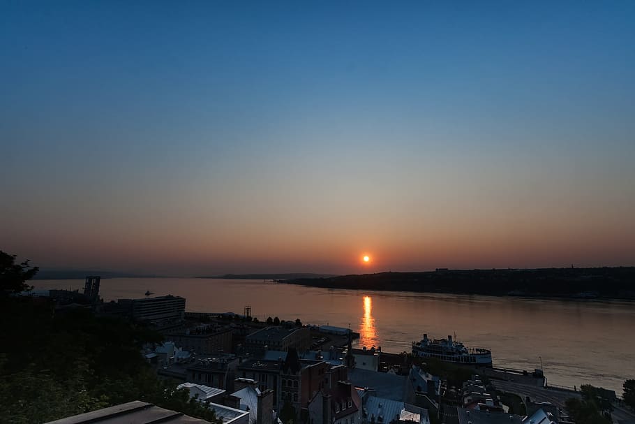 Sunrise, Sankt Lorenz, River, Quebec, canada, america, blue HD wallpaper