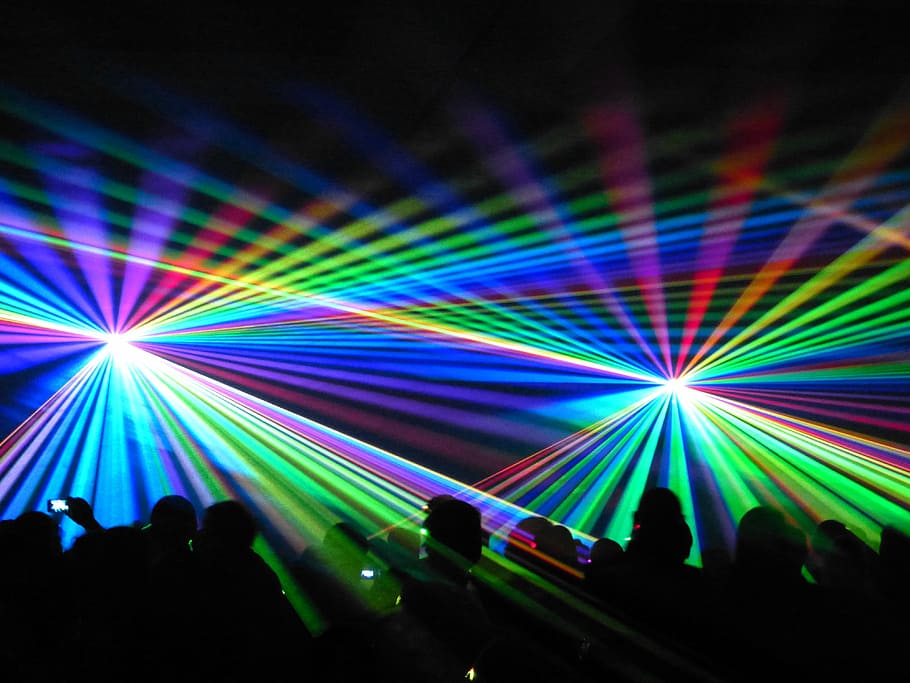 multicolored strobe lights, laser, show, laser show, colorful