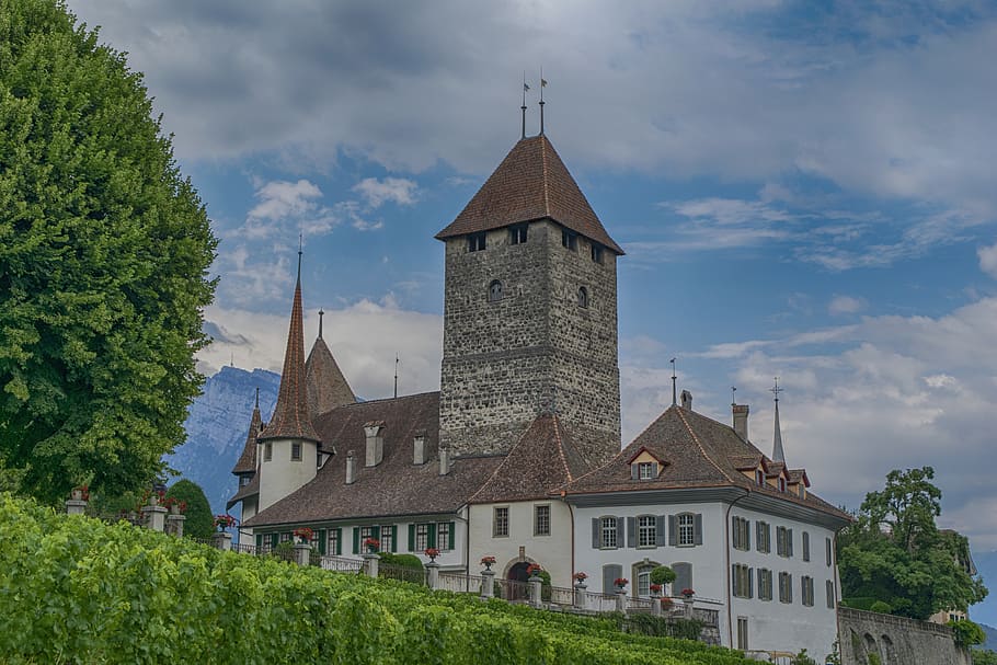 castle, landscape, sky, architecture, clouds, mountain, spiez HD wallpaper