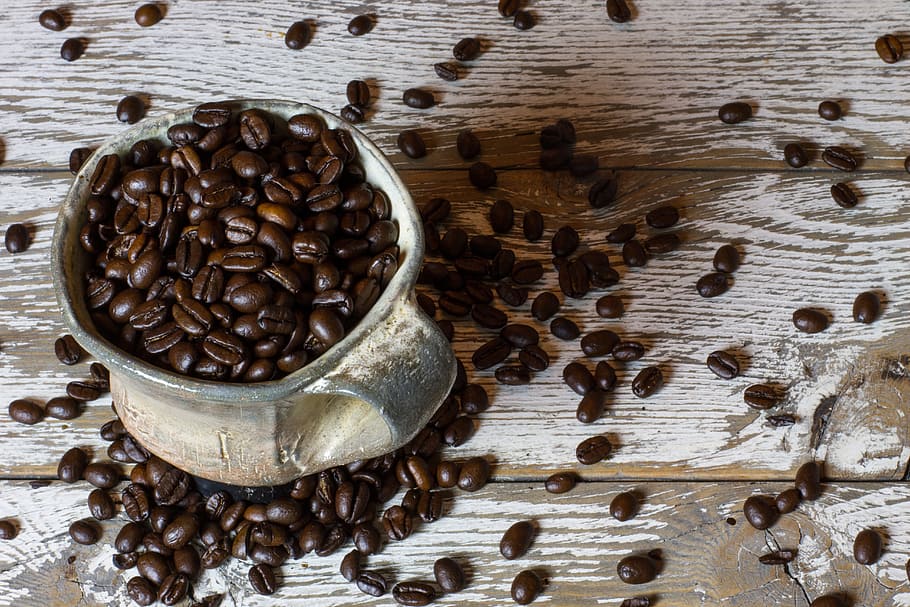 pot of coffee beans, mug, coffee mug, cup, spill, coffee shop HD wallpaper