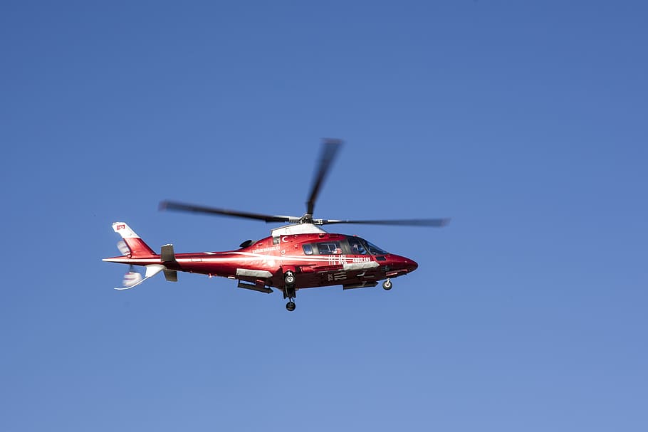 helicopter, fly, propeller, blue, high, sky, ambulance, red, HD wallpaper