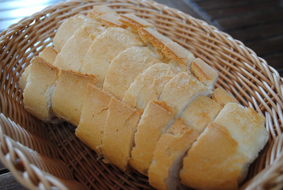 bread, basket, table, meal, sliced, dinner, food, food and drink HD wallpaper
