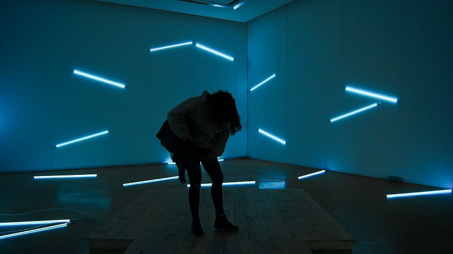 silhouette of person in dark room, lights, building, neon, strip HD wallpaper