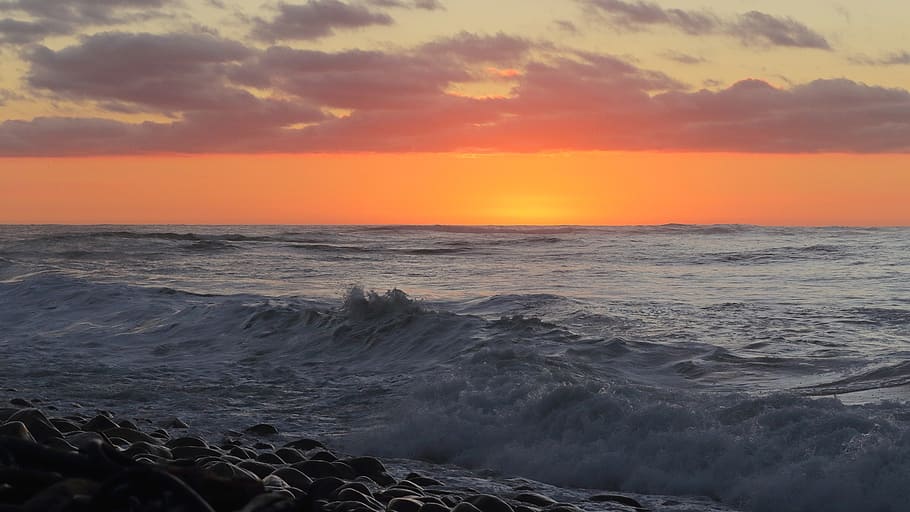 ocean, sunset, waves, sea, nature, sunset background, orange, HD wallpaper