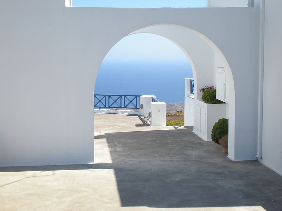 white concrete arch gateway, santorini, greek island, greece, HD wallpaper