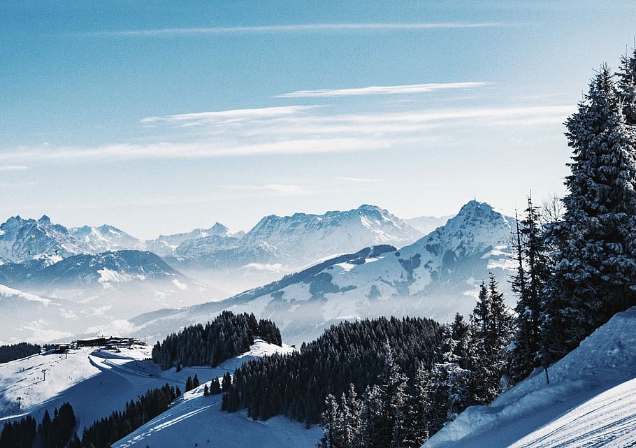 aerial view photography of snow mountain, aerial photo of snow covered mountain HD wallpaper
