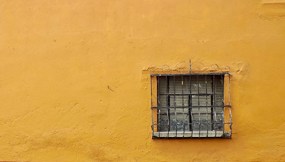 black casement window, window fence on yellow all, wall, surface HD wallpaper