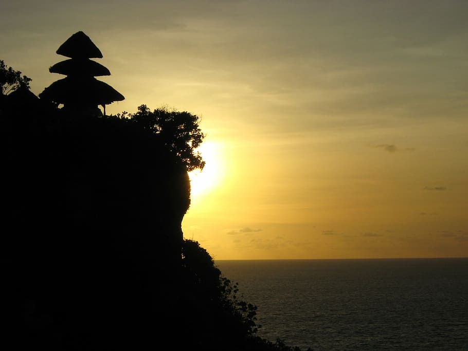 silhouette photo of mountain cliff and tree, sunset, bali, sky HD wallpaper