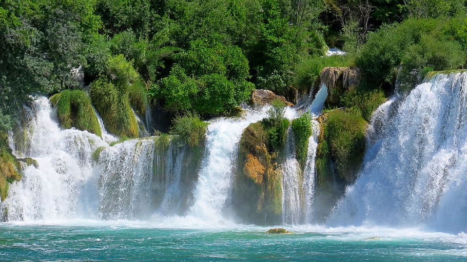 cascading waterfalls surrounded by forest, river, tree, nature HD wallpaper