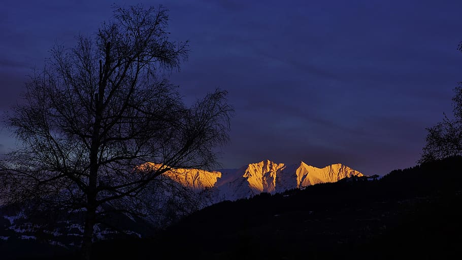 glowing mountain, alpine, surselva, landscape, nature, snow HD wallpaper