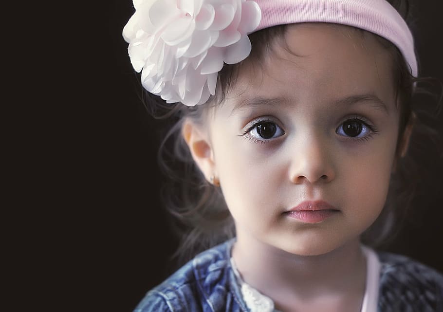 baby wears pink floral headdress, child, model, girl, portrait