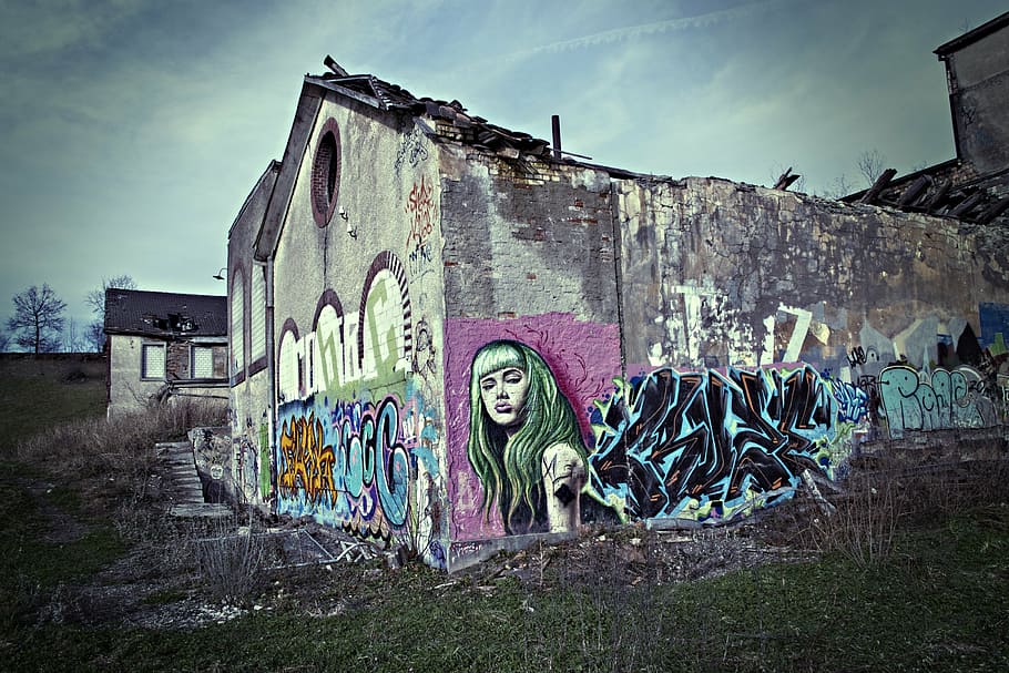 graffiti, industry, building, old, lapsed, crash, former spinning mill HD wallpaper