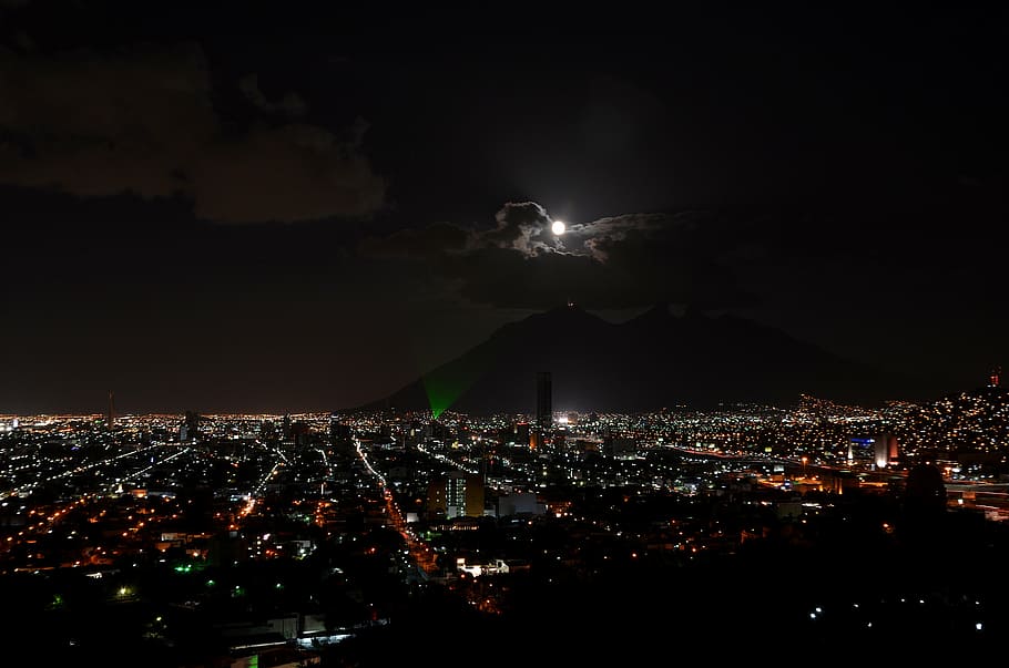 aerial view of city during nighttime, monterrey, city lights