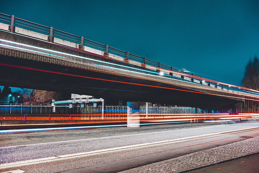 Highway, time lapse photo of cars running on road, bridge, overpass HD wallpaper