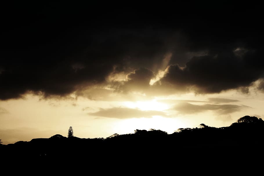 sunset photo, sky, dark, black, bright, glowing, gold, contrasting HD wallpaper