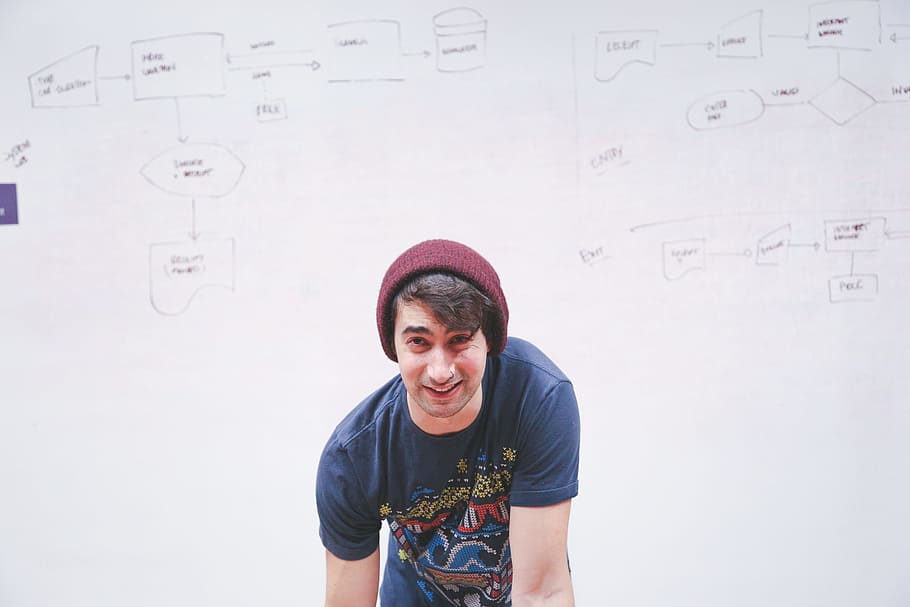 man wearing blue and red crew-neck t-shirt and red beanie, whiteboard HD wallpaper