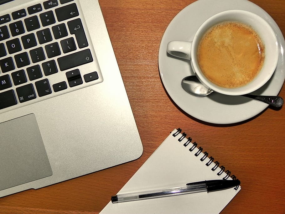 coffee, desk, laptop, notepad, pen, business, table, cup, computer, HD wallpaper