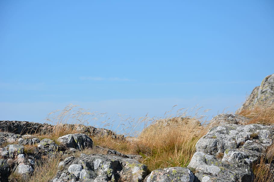 background, grass, wind, cliffs, stone, himmel, mountain, nature HD wallpaper