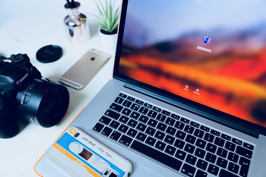 turned on MacBook Pro, MacBook Pro, laptop, camera, phone, retro HD wallpaper