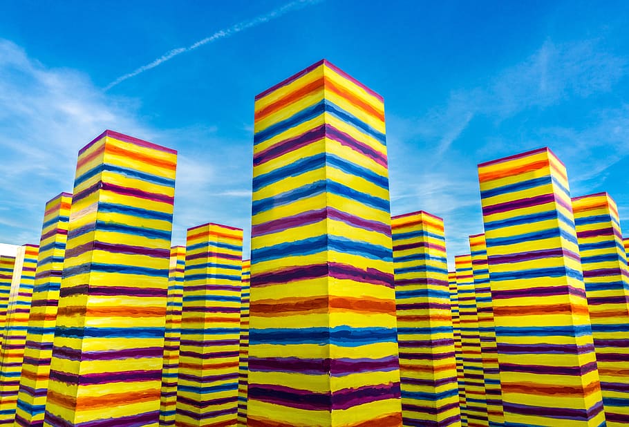 colors, tower, city, sky, striped, cloud - sky, blue, architecture HD wallpaper