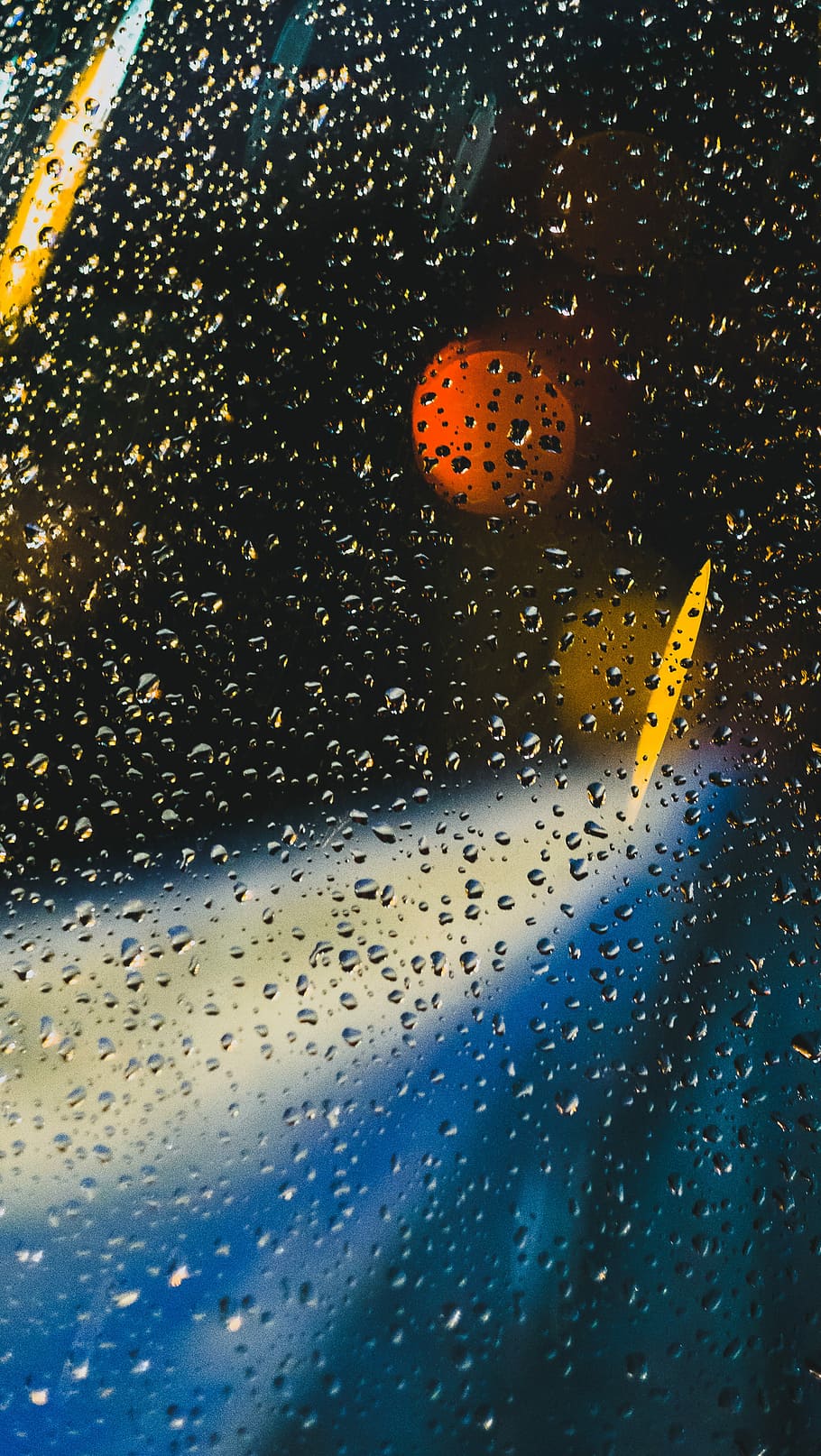closeup photo of water dew on window, blue, red, yellow, and black illustration HD wallpaper