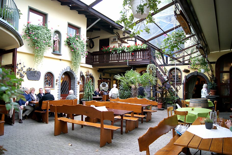 brown wooden benches, restaurant, gastronomy, koblenz, antoniushof