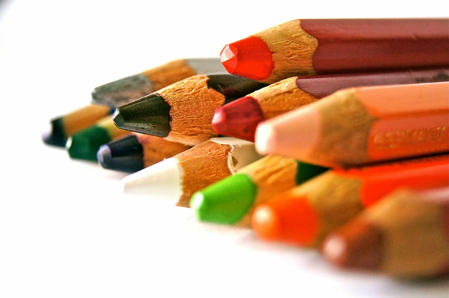 coloring pencils in white background, pens, colored pencils, school