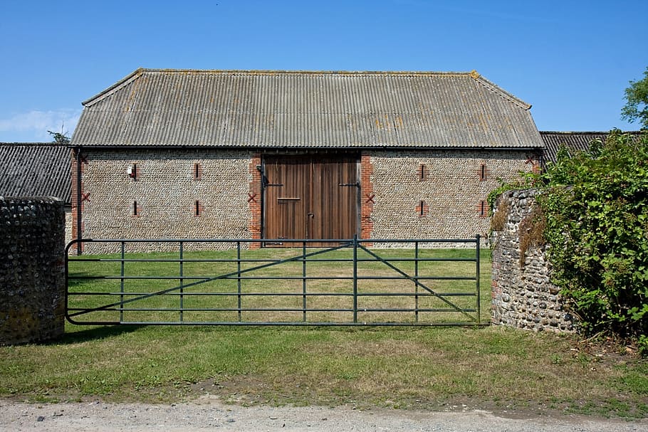 farm, building, barn, large, stone, gate, farmland, agriculture HD wallpaper