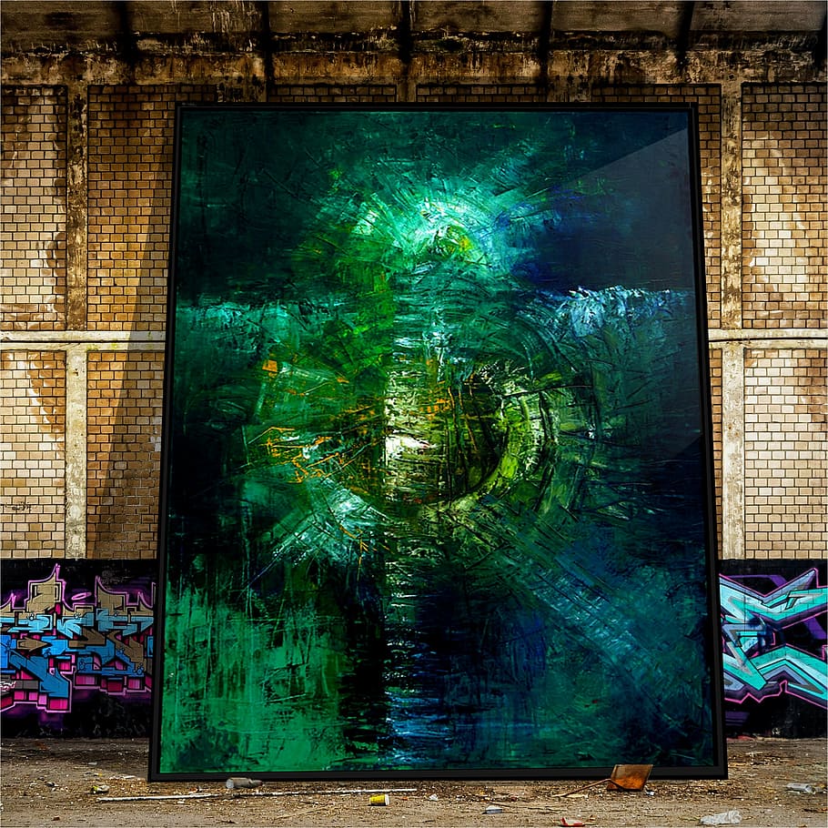 blue, green, and black abstract painting leaning on brown wall HD wallpaper