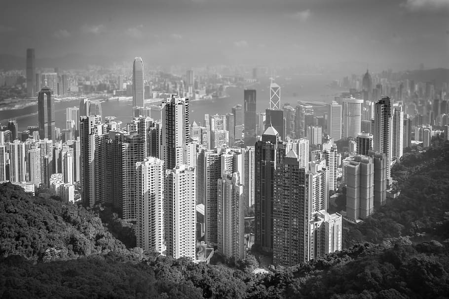 HD wallpaper: grey-scale photo of city buildings, Hong Kong, Peak, View ...
