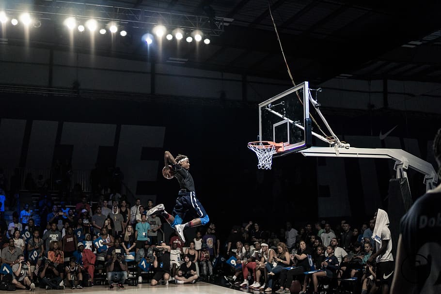 HD wallpaper man slam dunk competition, basketball, leap, jump, crowd